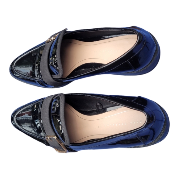 ZARA TRAFALUC Black Patent Buckle Slip On Loafers. - Picture 8 of 8